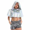 Accessoires de costumes Cape holographique en cuir PU brillant unisexe Cosplay métallique mort courte à capuche Rave Festival manteau chapeau Halloween CostumeCo