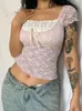 T-shirt das mulheres Y2K Pink Trim Crop Top Bow Bonito Doce Camiseta Mulheres Retro Manga Curta Lace Remendado Verão Tee Coreano Tshirt Coquette Estética 230215