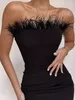 Casual Dresses Summer Sexy Strapless Backless Feather Black Midi Women Bodycon Bandage Designer Fashion Party Club Vestido 230216