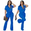 Plus Size 4XL Designer Women Sports Tracksuits Two Piece Outfits Fashion Short Sleeve Zipper Jackets Top And Flared Pants Suit