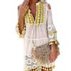 Casual Dresses Sexig kvinnors skiftklänning Långärmning Tassel Fringe spetsskåpa Axless Deep V-Neck Female Summer Boho Vacation Dresse 230217