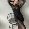 Stage Wear Style chinois Cheongsam Mesh Dance Slim Taille haute Split à l'intérieur Yoga Sexy Folk Qipao Robe Ensemble