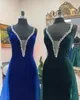 Abito da ballo in velluto blu reale con strascico in organza e cristalli con profondo scollo a V, da donna, preadolescente, per ragazza, abito da spettacolo, festa formale, ospite di nozze, mantella rossa, passerella, spacco alto