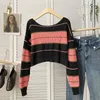 Women's T Shirts Pearl Diary Winter Vintage Green Randig Sticked tröja Kvinnor Harajuku Korean Fashion Overized Pullover Female Stylish