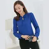 Blouses -shirts voor dames Spring Women Blue Long Sleeve Stand Kraag Bow Elegante dames Chiffon Blouse Tops Fashion Office Work Wear 230217