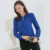 Women's Blouses Shirts Spring Women Blue Long Sleeve Stand Collar Bow Elegant Ladies Chiffon Blouse Tops Fashion Office Work Wear 230217