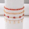 Anklets Elegant Red Beads Star Tassel 4pcs/set Anklet For Women Ethnic Drop Oil Geometry Alloy Chain Jewelry Accessories 22921