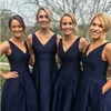 Royal Blue Elegant Satin Bridesmaid Dresses V Neck A Line Tea Length Wedding Guest Party Gowns Plus Size Formal Occasion Dress For Women Maid Of Honor Gowns CL1857