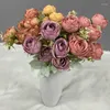 Dekoratif çiçekler ipek simülasyon çiy gülleri buket pembe mor çiçek yapay ev yatak odası arka plan dekorasyonu sahte gül buketleri