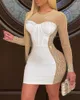 Casual Dresses Women Rhinestone Sheer Mesh Bodycon Mini Dress 2023 Femme Long Sleeve Transparent Skinny Party Robe Sexy Lady Club Clothing