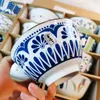 Modern Blue and White Japanese Bowls Geometric Floral Pattern Set of 5 Assorted Porcelain Rice Soup Bowl with Gift Box 5.25 inch 14 Ounce