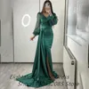 Party Dresses Dark Green Mermaid Satin Evening Dresses Long Sleeves V Neck Sparkly Sequins Custom Made Plus Size Prom Party Gown vestidos 230217