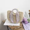 Stuff Sacks Fashion Purple Colour Woven Straw Bag Woven Rattan Half Moon Shaped Tote Summer Beach Vacation Handbag Round Handle