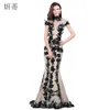 Party Dresses Elegant Black Short Sleeve Mermaid Evening Dress Applique Chiffon Prom Dresses Custom Made 100% Actual Image Sheer Gown 230217