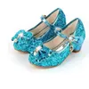 Sandaler Princess Kids Leather Shoes For Girls Flower Casual Glitter Children High Heel Girls Shoes Farterfly Knot Blue Pink Silver W0217