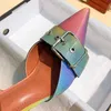 Klänningskor stor storlek 35-42 Rainbow Colorful Patent Leather Women Sandaler Elegant Point Toe Buckle High Heels Wedding Shoes Slingback Pumpar L230216