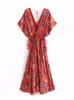 Casual Dresses Vintage Chic Women Peacock Floral Print Bat Sleeve Beach Bohemian Maxi Robe Ladies V-ringning Tassel Summer Boho Dress 230217