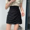 Röcke Frauen Sommer Plissiert Hohe Taille Kurzen Einfarbig Dünne Hong Kong Falten Geschmack Vintage Tasche Hüfte Weiblichen Rock