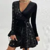 Casual Dresses Sexy V Neck Long Sleeve Mini Fashion Ladies Back Patchwork Midjan Lace Up Elegant Women Shiny Party Short 230217