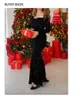 Party Dresses Luxury Black Long Sleeve Evening Gown Sequin Stretchy Velvet V Neck Mermaid Prom golvlängd Klänning Bourgogne Winter Robe 230217