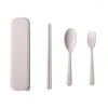 Dinnerware Sets Japanese-style Wheat Straw Portable Tableware Box Three-piece Set Of Student Children Chopsticks Long Handle Spoon Fork