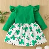 Flickklänningar St Patrick Day Baby Dress Spring Ruffle Long Sleeve Outfits Fashion Clover Print Toddler Clothes Kid's 6M-5Y