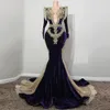Vintage African Purple Veet Mermaid Prom jurk lange mouwen Goud Sparkly Gala Verjaardagsfeestjes Jurken Robes de Soiree