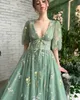 Parti Elbiseleri Sevintage Yeşil Nakış Dantel Balo Elbiseleri Puflu Kollar A-Line Uzun Düğün Elbise Açık Tül Gece Elbisesi 230217