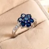 Wedding Rings Vintage Female Blue Crystal Stone Ring Charm Gold Silver Color Engagement Luxury Bridal Flower Thin For Women