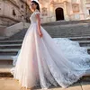 Vestidos de baile de renda longa modesta Vestidos de noiva transparentes com gola de joia Vestidos de noiva de renda com lantejoulas aplicadas tamanho grande Robe De Mariee Vestidos de noiva de alta costura feitos sob medida