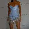 파티 드레스 럭셔리 미니 댄스 파티 s Strapless 스카이 블루 새틴 미인 대회 가운 칼집 특별 행사 드레스 짧은 230216