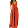 Casual Dresses Summer Maxi Dress for Women Clothing 2022 Fashion Solid Color Sexig Deep Vneck kortärmad avslappnad klänning Hög midja Pocket Robe Z0216