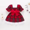 Girls Dresses Citgeett Summer Toddler Baby Casual Dress Puff Sleeve Lace Bowknot Plaid Xmas Clothes 230217