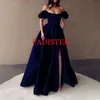 Party Dresses Royal Blue Satin Prom Dresses Strapleless Off the Shoulder Split Evening Dresses Pleated A-Line Long Formal Gowns 230217