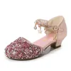 Sandales Sandalias Para Nias princesse perle Bowknot pendentif chaussures enfants diamant paillettes haut talon été enfant fête mariage chaussure de danse W0217