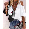 Women's Blouses Summer Elegant Women Letter Print Colorblock Cold Shoulder Top Femme Casual Lantern Sleeve Three Quarters Zipper Blouse Lady