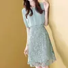 Casual Dresses 2022 Summer New Elegant Fashion Fake Two Piece Lace Chiffon Patchwork Dresses Office Lady Short Sleeve Simple Popularity Dress Z0216