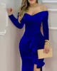 Casual Dresses Autumn Women Off Shoulder Velvet Ruffles BodyCon Dress 2023 Femme Elegant Long Sleeve Party Maxi Robe Lady Evening Clothing