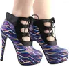 Klänningskor LF80886 SHOW Story Retro Multicolored Curve Print Lace-Up Platform Stiletto High Heels Ankel Boot Bootie