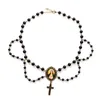 Choker QIGO Black Glass Pearl Tassel Cross Virgin Chokers Necklace For Women Religious Jewelry