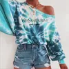 Moletom Feminino Tie Dye Letra Estampado Pulôver Feminino Primavera Outono Casual Solto Camisa de Manga Longa Decote Redondo Tops Plus Size