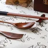 Table Mats Japanese Vintage Wooden Chopsticks Spoon Fork Tableware 3Pcs Set Gift Western Wood Dessert Fruit