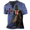 Men's T-Shirts Vintage Print T Shirts Knights Templar Summer Tees Cotton Button-Down V-Neck Loose Short Sleeve Samurai Pattern Tops 230217