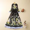 2023 Spring Black Floral Rabbit Panel Paneled Chiffon Dress 4/5 långärmad rund hals Midi Casual Dresses S3F131624 Plus Size XXL