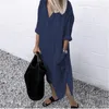 Casual Dresses Women Cotton V-Neck Solid Color Loose Tickets Maxi Shirt Plus Size Dress Long Sleeve Fashion Vestidos Mujer