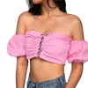 Kvinnors tankar Kvinnor Mode Off Axel Puff Sleeve Crop Top Lace-up Solid Color Tops för damer Sexig sommar kort tank Camisole