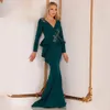 Elegant Dark Green Mermaid Evening Dresses For Women Long Sleeves V-neck Lace Appliques Ruffles Peplum Chic Prom Party Special Occasion Gowns