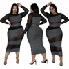 Robe mi-longue à manches longues pour femmes, grande taille, mode, moulante, élégante, maille de fête, noire, vente en gros, 2023