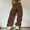 Damenhose 2023 Street Fashion Kordelzug Niedrige Taille Breites Bein Cargo Baggy Hippie Koreanische Hose Frauen Tasche Casual Button Streetwear