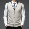 Herenvesten Topkwaliteit Autummodemerk 6% Wool Cardigan Sweater V Hek Knit Vest Men Solid trendy mouwloze casual mannen Kleding 230217